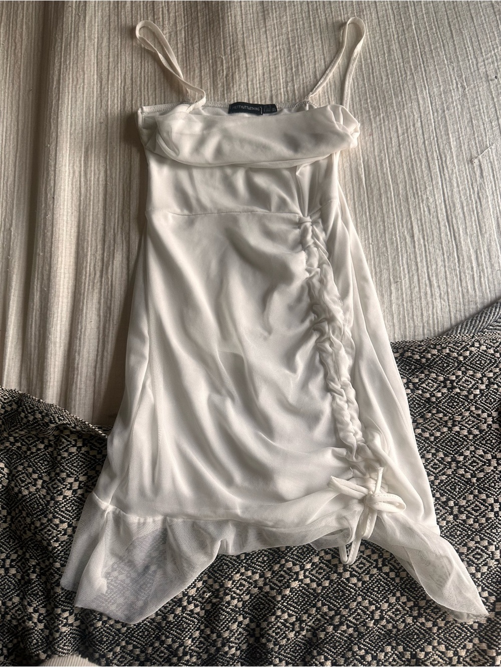 PrettyLittleThing Cream Ruched Mini Dress with Bow